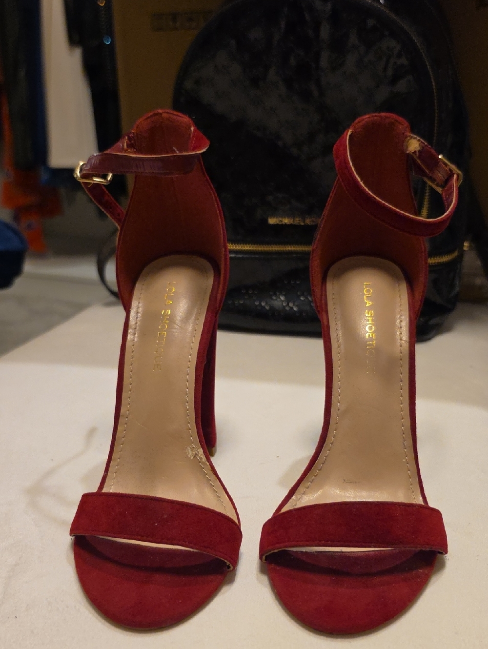 Lola Shoetique Red Suede Ankle-Strap Stilettos